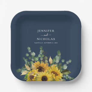 Modern Navy Blue Floral Sunflower Wedding Paper Plate