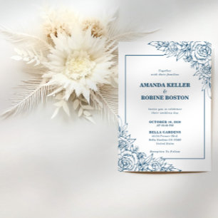 Modern Navy Blue Floral Wedding Invitation