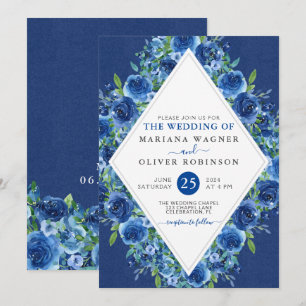 Modern Navy Blue Floral Wedding Invitation