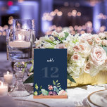 Modern Navy Blue Floral Wedding Table Card Number<br><div class="desc">Modern Navy Blue Floral Wedding Table Card Number The Modern Navy Blue Floral Wedding Table Card Numbers are perfect for spring, summer and fall weddings. The table number features classic typography on a rich navy blue background with a floral arrangement at the bottom. The beautiful design is modern and elegant,...</div>
