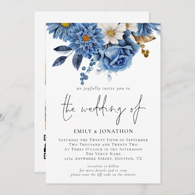 Modern Navy Blue Florals 3 Photos Wedding Invitation (Front/Back)