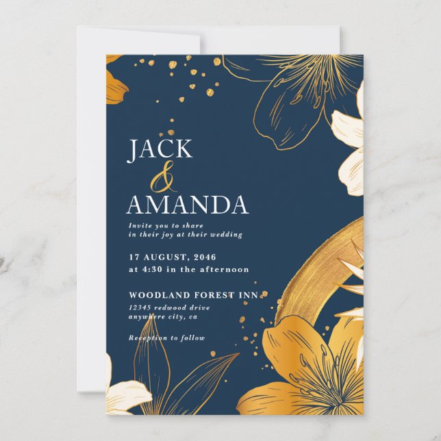 Modern Navy Blue Flower Chic Wedding Invitation (Front)