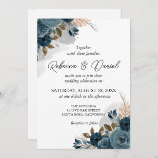 Modern navy blue flowers wedding invitation