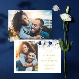 Modern Navy Blue Flowers & Yellow Photo Wedding Invitation