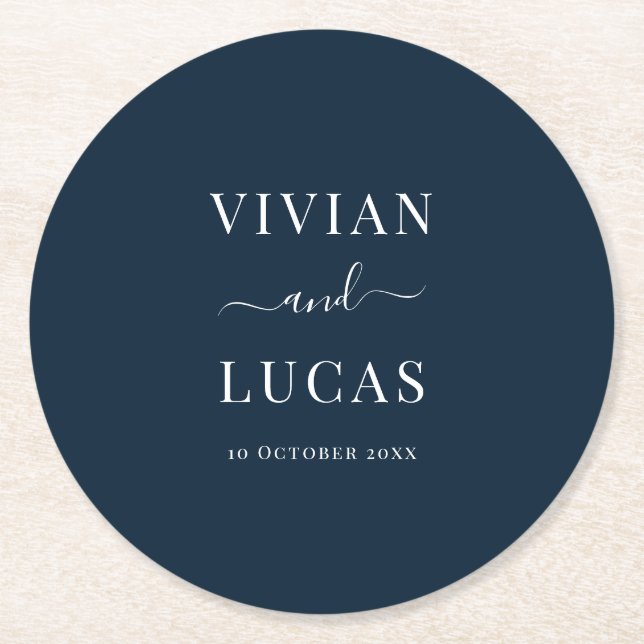 Modern Navy Blue Formal Minimal Wedding Round Paper Coaster (Front)