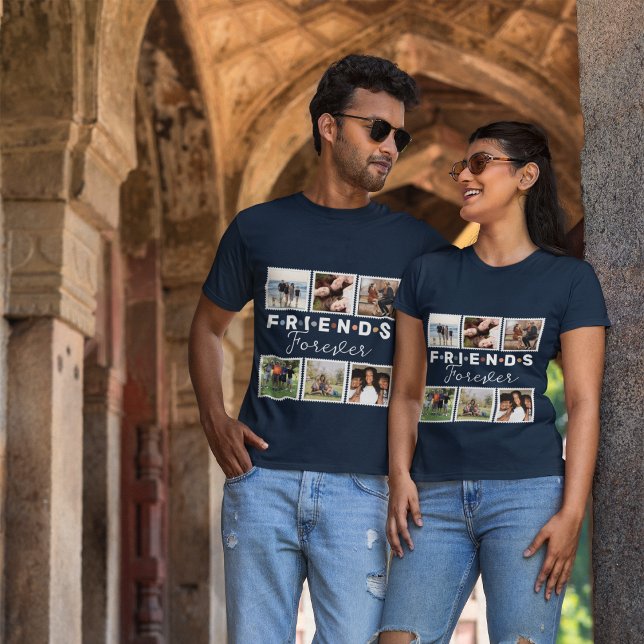 Modern Navy Blue Friends Forever Photo Collage T-Shirt (Creator Uploaded)