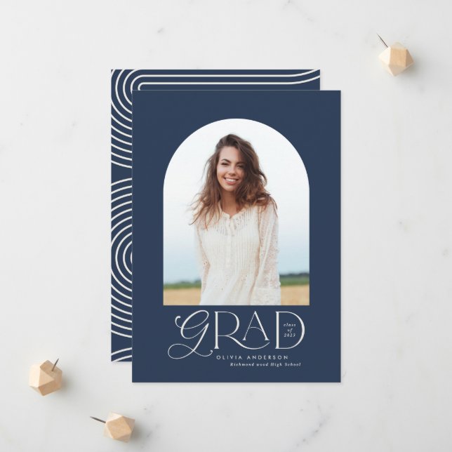 Modern navy blue geometric photo arch graduation announcement (Front/Back In Situ)