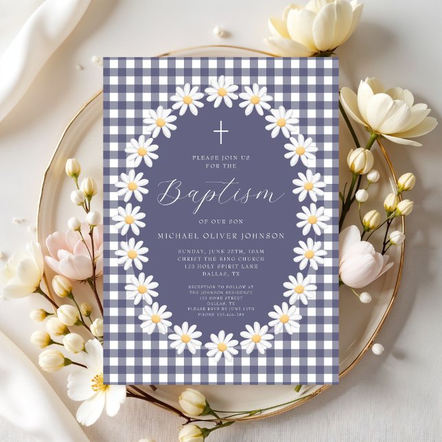 Modern Navy Blue Gingham Floral Baptism Invitation (Modern Navy Blue Gingham Floral Baptism Invitation)