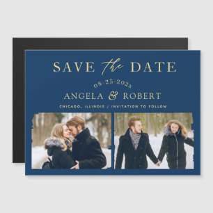 Modern Navy Blue Gold 2 Photo Save the Date Magnet