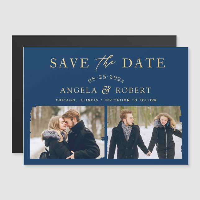 Modern Navy Blue Gold 2 Photo Save the Date Magnet (Front/Back)