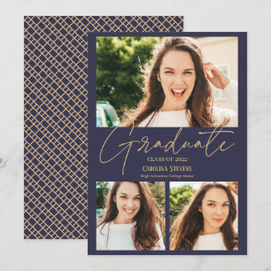 Modern navy blue gold 3 photos collage graduation announcement