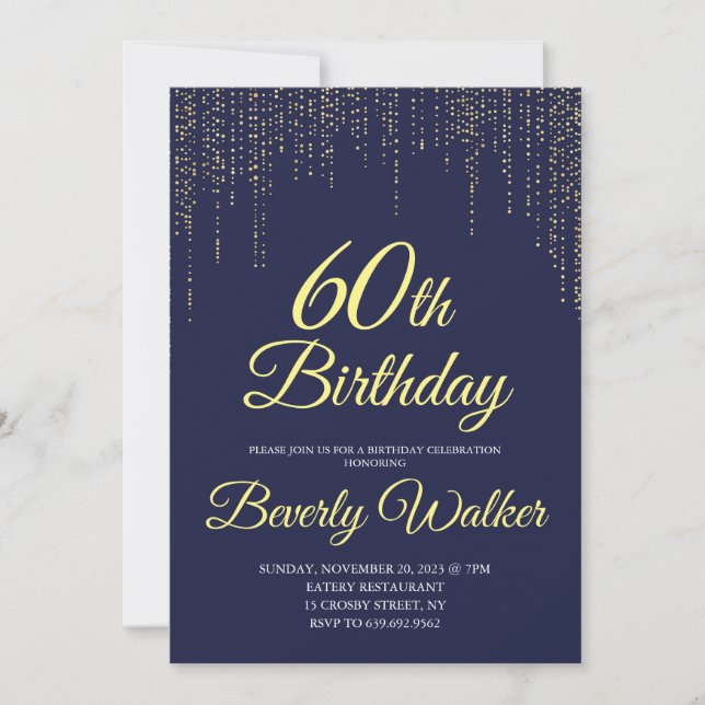 Modern Navy Blue Gold 60th Birthday Party Invitation (Front)