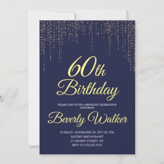 Modern Navy Blue Gold 60th Birthday Party Invitation