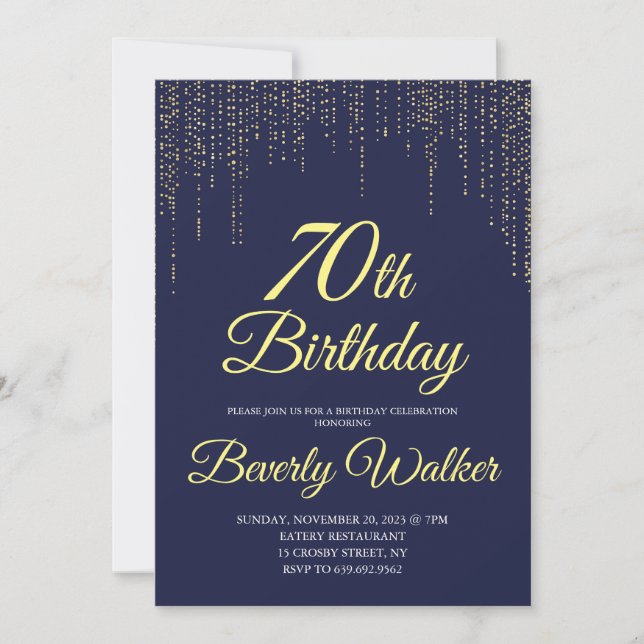 Modern Navy Blue Gold 70th Birthday Party Invitation (Front)