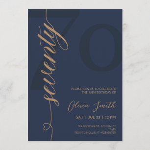 Modern Navy Blue & Gold 70th Birthday Party Invitation
