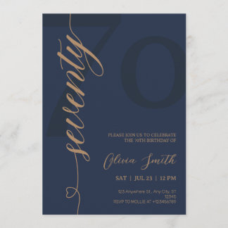 Modern Navy Blue & Gold 70th Birthday Party Invitation