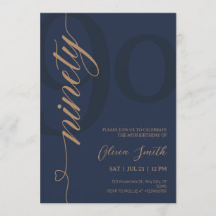 Modern Navy Blue & Gold 90th Birthday Party Invitation