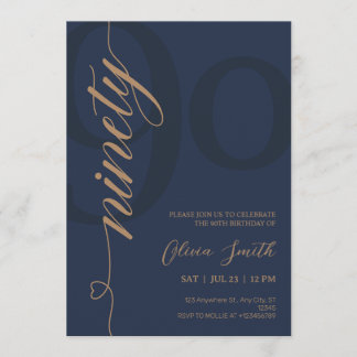Modern Navy Blue & Gold 90th Birthday Party Invitation