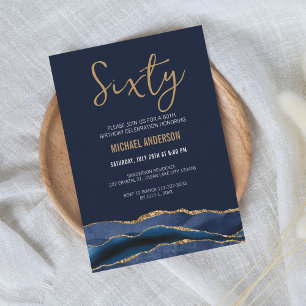 Modern Navy Blue Gold Agate 60th Birthday Party  Invitation