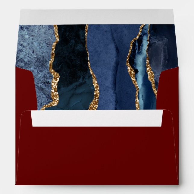 Modern Navy Blue Gold Agate Burgundy Wedding Envelope (Back (Bottom))