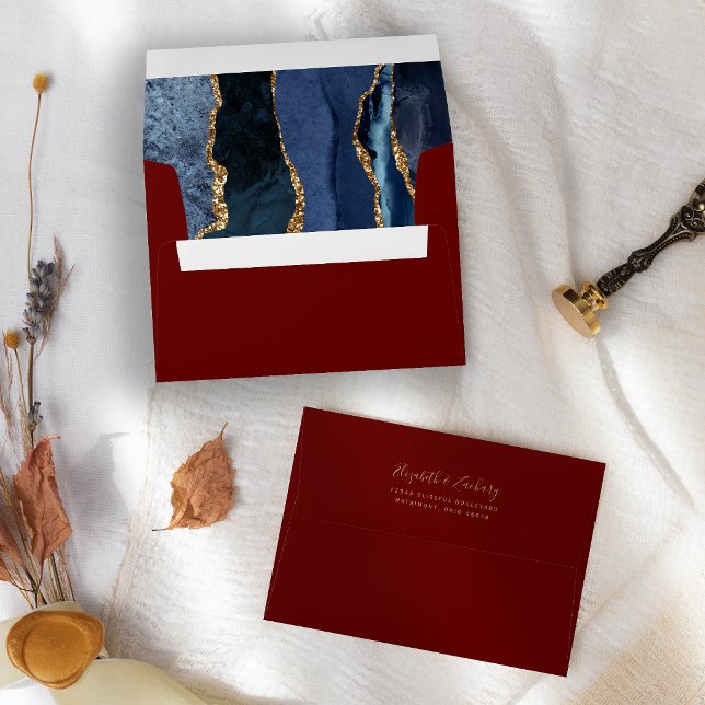 Modern Navy Blue Gold Agate Burgundy Wedding Envelope (Creator Uploaded)