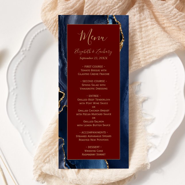 Modern Navy Blue Gold Agate Burgundy Wedding Menu (Creator Uploaded)
