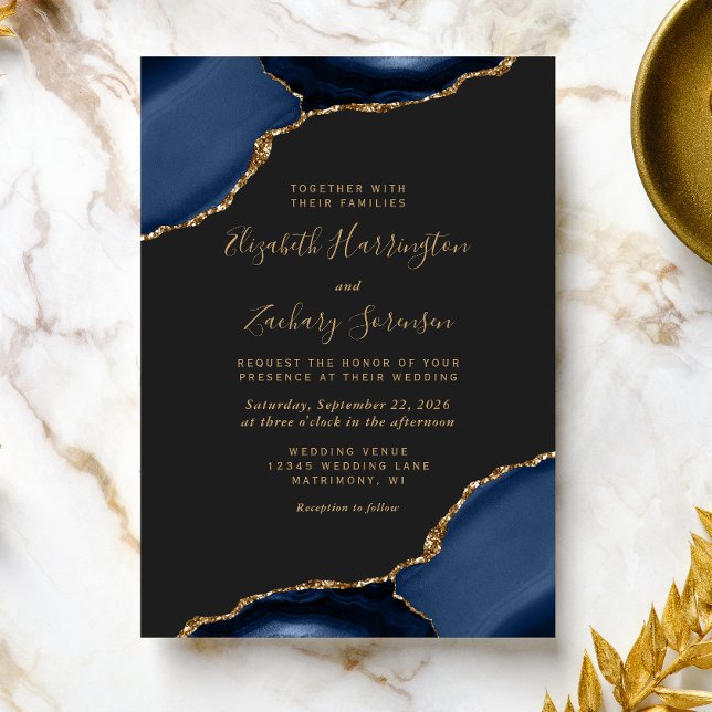 Modern Navy Blue Gold Agate Corners Dark Wedding Invitation (Creator Uploaded)