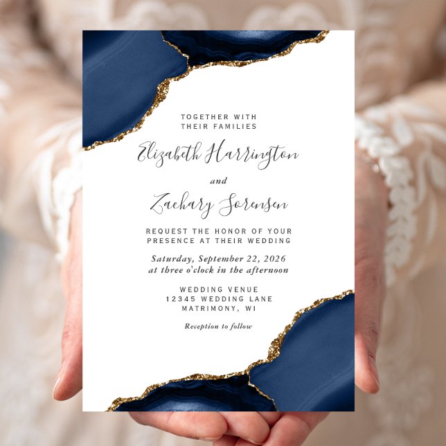 Modern Navy Blue Gold Agate Corners Wedding Invitation (Creator Uploaded)
