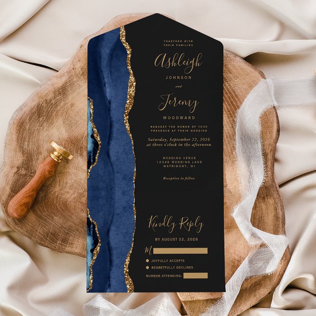 Modern Navy Blue Gold Agate Dark Wedding All In One Invitation (Creator Uploaded)