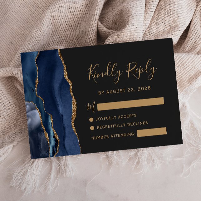 Modern Navy Blue Gold Agate Dark Wedding RSVP Card (Creator Uploaded)