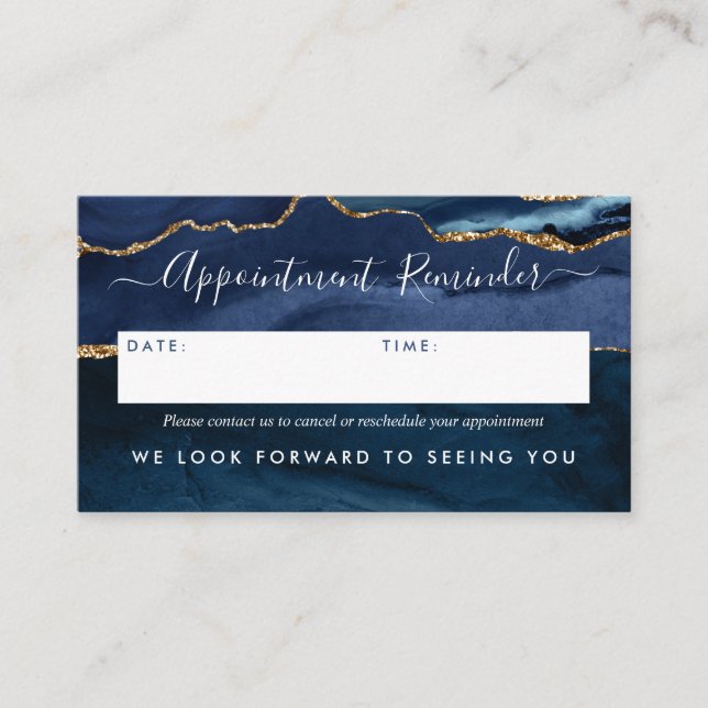 Modern Navy Blue Gold Agate Geode Elegant Script Appointment Card (Front)