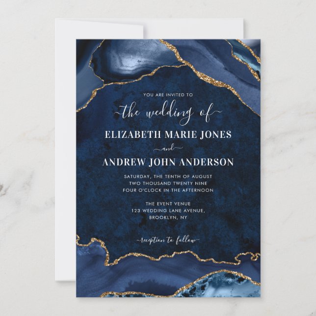 Modern Navy Blue Gold Agate Geode Elegant Wedding Invitation (Front)