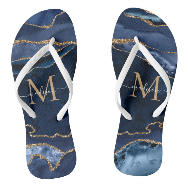 Modern Navy Blue Gold Agate Geode Girly Monogram Jandals (Footbed)