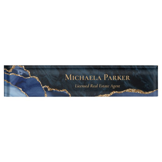 Modern Navy Blue Gold Agate Geode Real Estate Nameplate (Front)