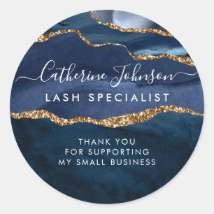 Modern Navy Blue Gold Agate Geode Script Thank You Classic Round Sticker