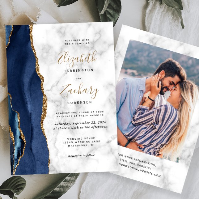 Modern Navy Blue Gold Agate Marble Photo Wedding Invitation (Creator Uploaded)