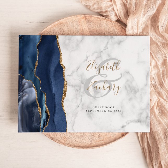 Modern Navy Blue Gold Agate Marble Script Guest Book (Creator Uploaded)