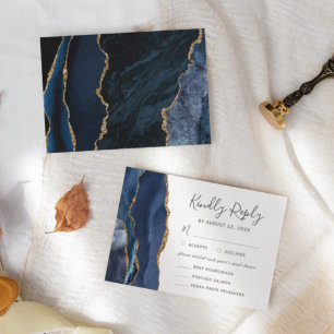 Modern Navy Blue Gold Agate Meal Choice Wedding RSVP Card