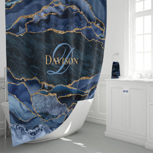 Modern Navy Blue Gold Agate Monogram Shower Curtain