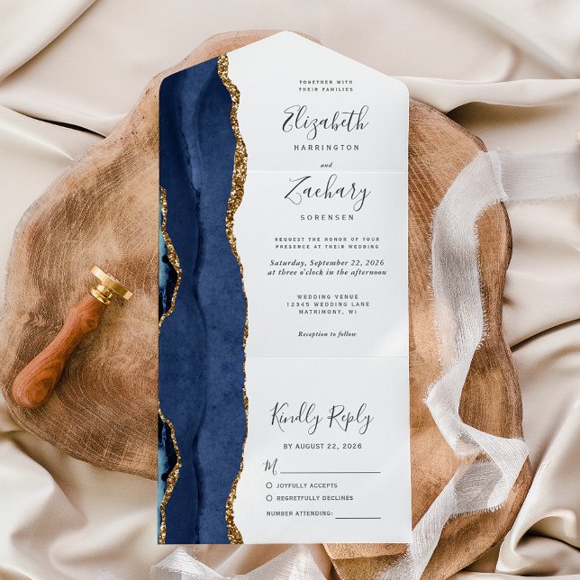 Modern Navy Blue Gold Agate Wedding All In One Invitation (Creator Uploaded)