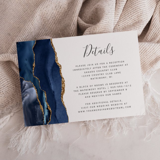 Modern Navy Blue Gold Agate Wedding Details Enclosure Card (Creator Uploaded)