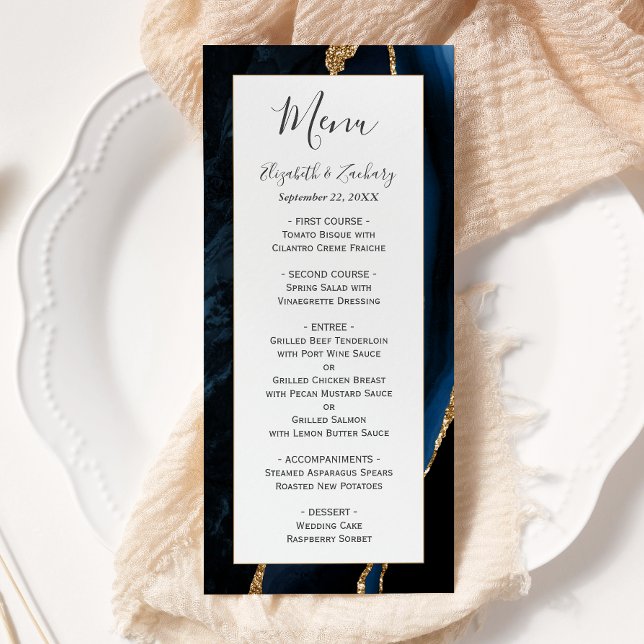 Modern Navy Blue Gold Agate Wedding Menu (Creator Uploaded)