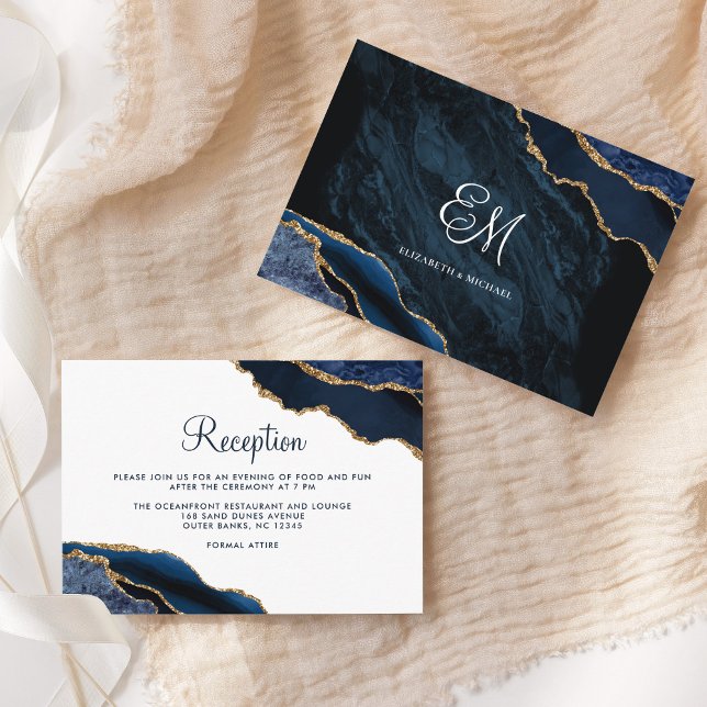 Modern Navy Blue Gold Agate Wedding Reception Enclosure Card (Creator Uploaded)