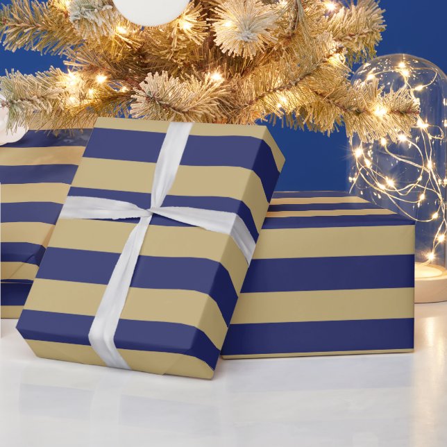 Modern navy blue gold bold stripes pattern wrapping paper (Holidays)