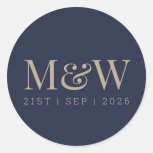 Modern Navy Blue Gold Bride Groom Monogram Classic Round Sticker