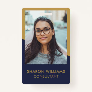 Modern Navy Blue Gold Employee Photo Company Logo ID Badge