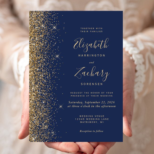 Modern Navy Blue Gold Faux Glitter Edge Wedding Invitation (Creator Uploaded)