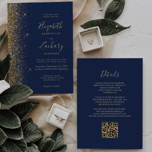 Modern Navy Blue Gold Faux Glitter QR Code Wedding Invitation