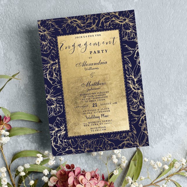 Modern navy blue gold floral chic Engagement Invitation (Modern navy blue gold floral chic Engagement Invitation )