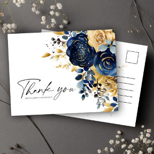 Modern Navy Blue Gold Floral Wedding Postcard
